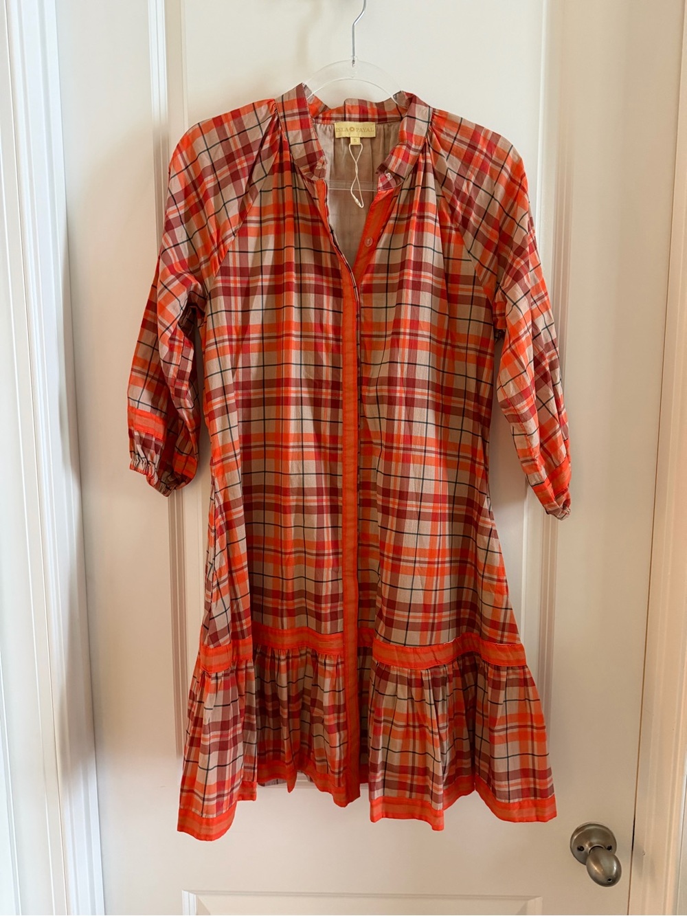 Plaid Button-Front Long-Sleeve Dress in Orange 100% Cotton NWOT
